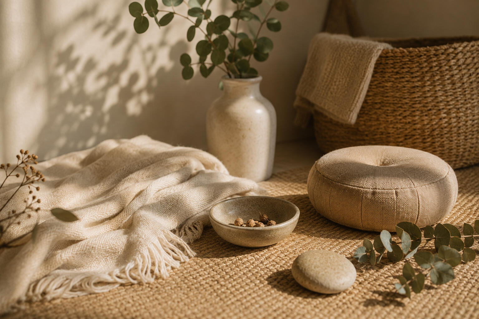 Shannon Turner, Yoga therapist & Eat, Breathe, Thrive Facilitator Natural light interior with wicker chair and flower arrangement, embodied recovery support for eating disorders